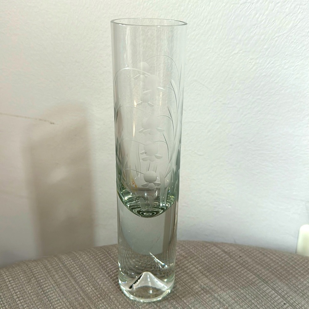 Vintage Krosno Poland Floral Etched Crystal Heavy Glass 8" Vase Blue Bells
